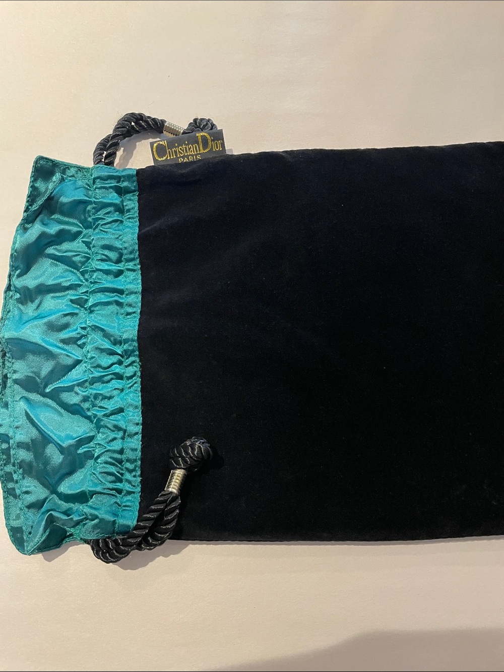 Vintage Christian Dior Black Velvet Drawstring Pouch with Teal Satin Trim